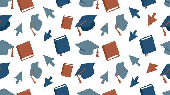A repeating pattern of stylized graduation caps, classic textbooks, and digital cursors is arranged neatly on a pristine white background with a simple color palette.
