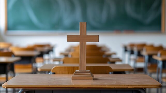 Empty classroom, wooden cross on desk, school desk, religious symbol, education space