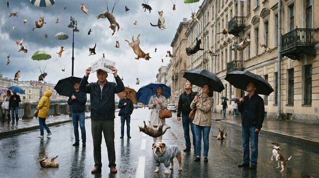 Raining cats and dogs fall from the sky in a surreal city scene. People with umbrellas look up