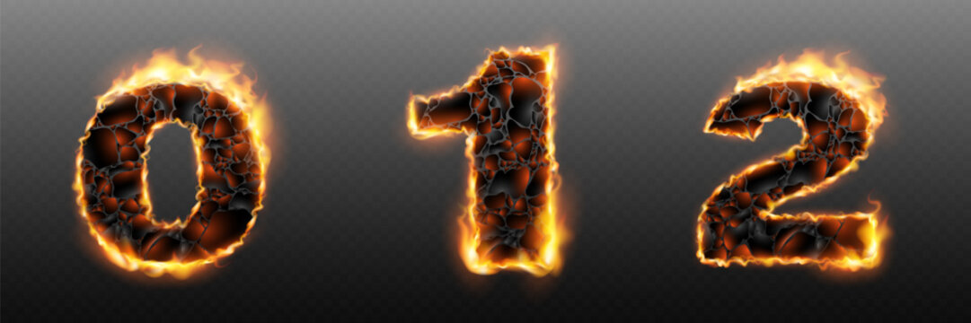 Set of burning cracked lava numbers with fire glow and flame edges on transparent background.