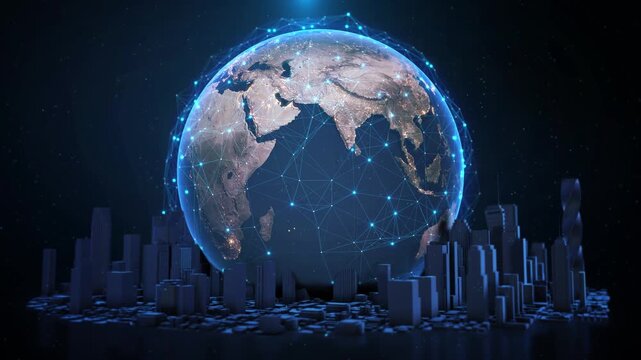 Futuristic Digital cyber world map earth metaverse 3D city virtual Smart city IOT internet of thing digital technology futuristic, automation management smart digital technology security power energy