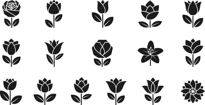 Collection of black flower with stems and leaves white rose tulip