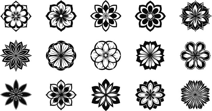 Collection of fifteen black and white floral mandala flower pattern