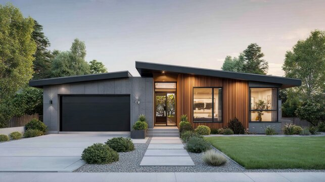 Modern architectural home with wood and concrete facade and a sleek garage door