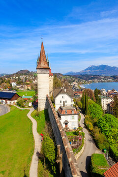 Top view on Lake Lucerne and old town with Musegg wall and towers in Lucerne city, Switzerland