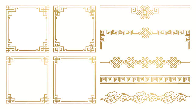 Golden oriental borders and square frames with traditional chinese meander patterns on white background, concept for luxury wedding invitation, lunar new year greeting and asian branding