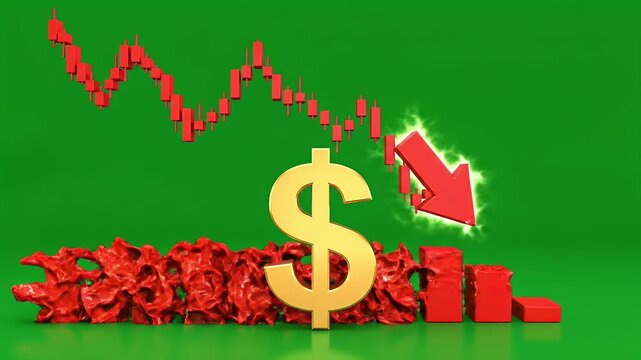 A 3D rendering depicts a downward-pointing arrow impacting a golden dollar sign against a vibrant green background, symbolizing financial decline and market downturn.