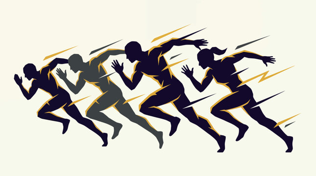 Group silhouette of ambitious corporate managers and CEOs sprinting fast with golden dynamic motion lines, concept for career advancement, leadership competition and business growth