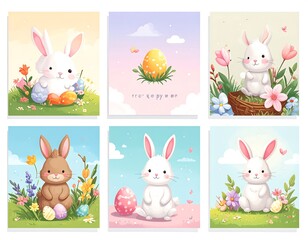 Obraz premium Set of six colorful illustrations featuring adorable rabbits, decorated eggs, and floral arrangements against soft pastel backgrounds