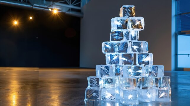 Ice Block Sculpture with LED Lights Creating an Artistic Display in a Modern Indoor Space