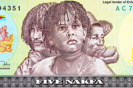 Eritrea 5 Nakfa 1997 Banknotes depicting portraits of people Three generations. People of Eritrea. Paper money of Eritrea.