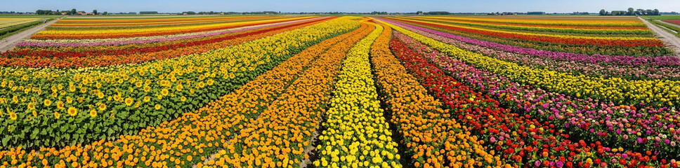 Fototapeta premium Wide panoramic view of vibrant blooming tulip and sunflower fields