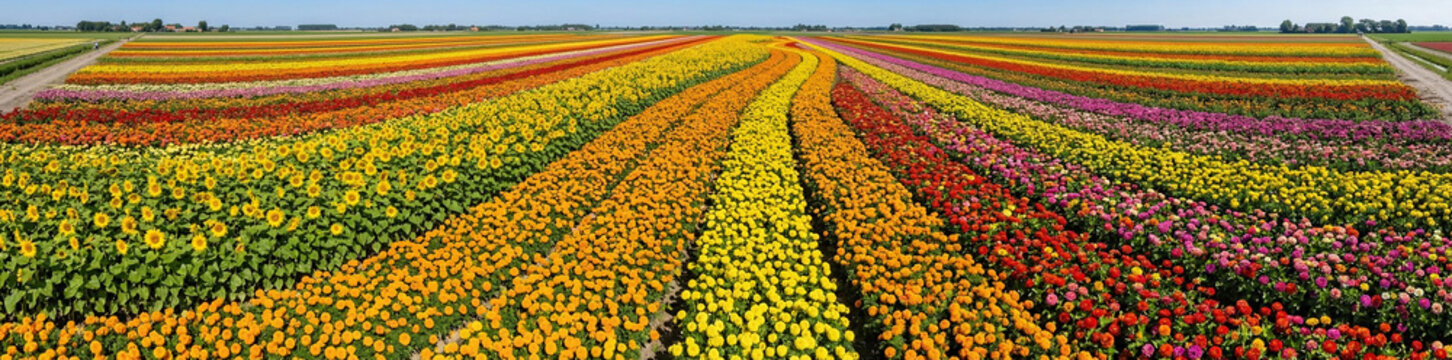 Wide panoramic view of vibrant blooming tulip and sunflower fields