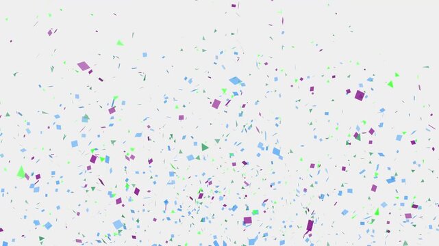Realistic confetti fireworks explosion animation, colorful glitter particles burst and falling isolated on white background, party celebration effect for birthday wedding events 4K