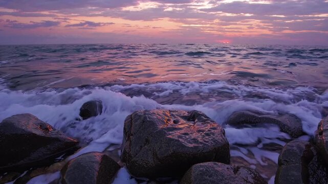 Calm seaside view at sunset with reflections, Tranquil coastal horizon during twilight with waves and rocks, Peaceful seaside landscape at sunset featuring shimmering pools and rolling surf