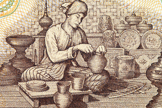 50 Kyats Myanmar with a picture of a Burmese artisan making lacquerware. Old Paper Money of Myanmary of Myanmar