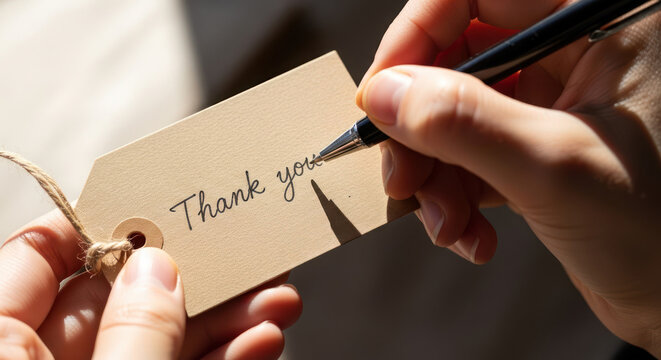 Handwriting a Thank You Note on a Tag with a Pen.