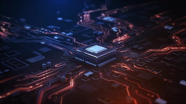 Advanced Processor on Dark Circuit Board Orange Energy High-performance CPU centered dark motherboard glowing orange energy paths. for gaming hardware, overclocking, cryptocurrency mining farm