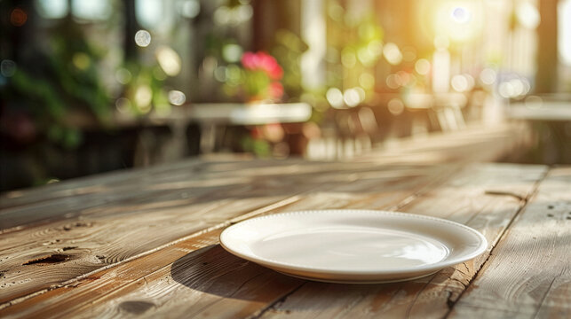Empty White Plate On Rustic Table With Blurred Cafe Background And Morning Sunlight