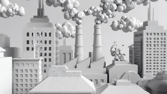 A monochromatic cityscape illustration depicts a row of stylized buildings emitting smoke, suggesting industrial activity and potential environmental concerns.