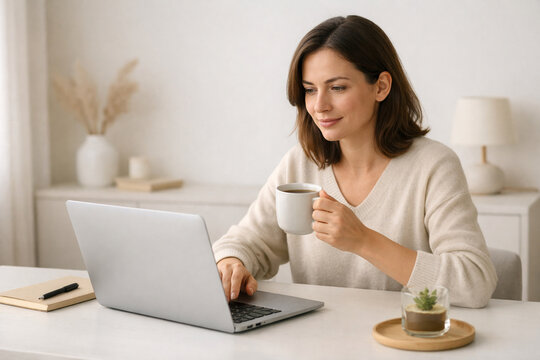 Serene morning focus as a woman sips her warm drink while diligently working on her laptop