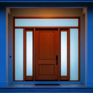 Traditional house entrance featuring a large solid wood door, sidelights, and a spacious covered front porch area, screen, doorway, transom