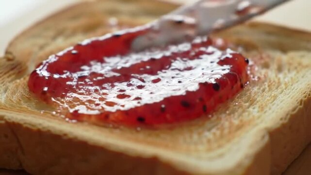 Spreading delicious strawberry jam on toasted bread for a sweet breakfast.
