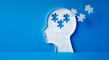 Head and brain diseases concept - missing pieces flying of the brain puzzle on blue background with copy space