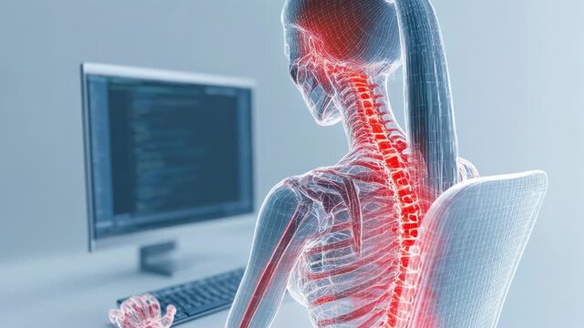Office worker suffering from spinal and cervical pain due to poor posture at her desk