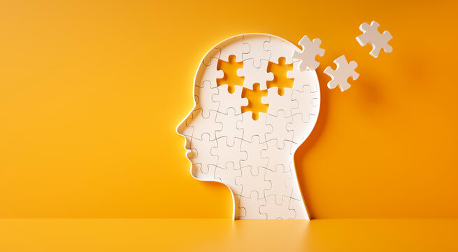 Head and brain diseases concept - missing pieces flying of the brain puzzle on yellow background with copy space