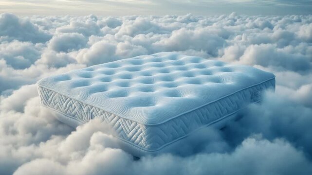 Soft mattress floating gently on a bed of clouds, symbolizing comfort, dreams, and restful sleep