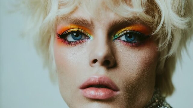 Glamorous fashion model with vibrant eyeshadow and glitter looking at the camera