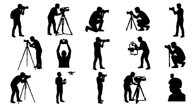 Professional photographer silhouettes set, 15 vector icons of cameramen with tripods and gear, videographer and drone pilot figures for media production