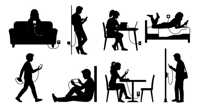 Black silhouette people charging mobile devices, set of 8 figures using smartphones and laptops while plugged into wall outlets, digital addiction concept
