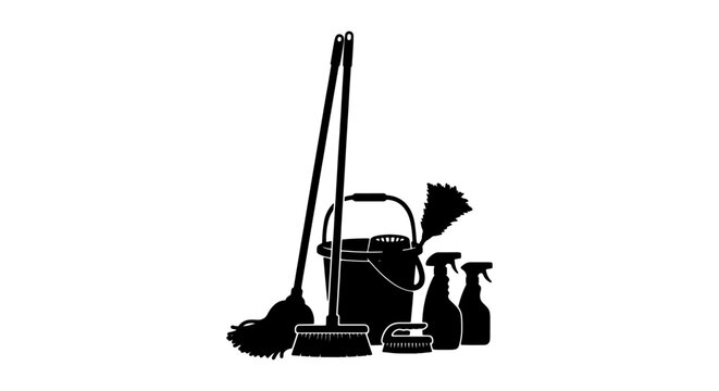 Black silhouette cleaning supplies vector, professional janitorial equipment set, household cleaning tools including mop bucket and spray bottles