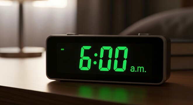 Digital alarm clock showing six oclock in the morning on a bedside table. Early morning wakeup time. Daily routine and lifestyle concept for healthy sleep schedule and productivity.