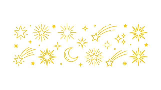 Decorative yellow fireworks, starbursts and crescent moons pattern for festive celebration backgrounds