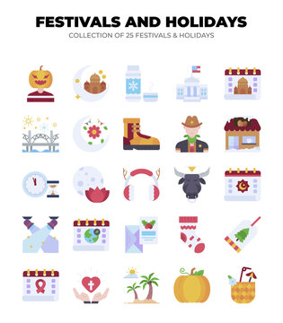 Collection of 25 Festivals and Holidays. Icons and Symbols