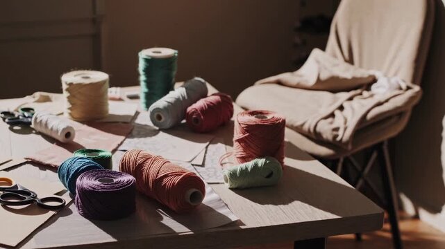craft table scattered with colorful yarn spools, scissors and fabric near cozy chair, sunlight highlighting fibers and tools, intimate DIY workshop scene for handmade and maker lifestyle content