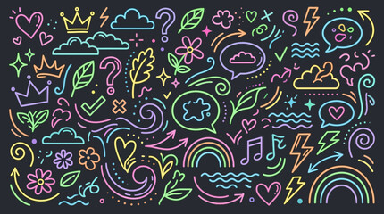 Naklejka premium Colorful chalk-doodle pattern on dark background featuring whimsical icons, shapes and symbols in neon colors