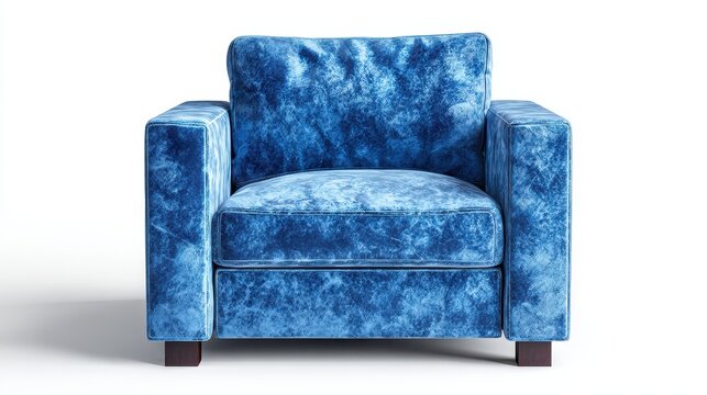 Luxurious Deep Blue Velvet Armchair with a Plush Texture and Modern Square Design Sitting on Dark Brown Wooden Legs Against a Clean White Studio Background with Soft Ambient Lighting