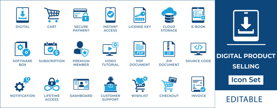 Digital product selling icon set featuring download, shopping cart, secure payment, file formats PDF, ZIP, video course, cloud storage, and online support symbols.