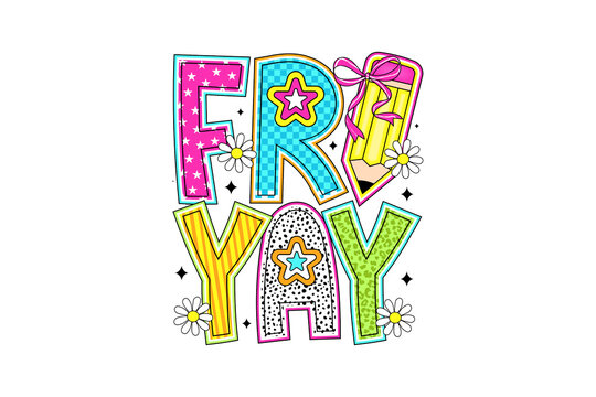 Colorful Groovy Friyay Quote with Doodle Elements Sublimation Design