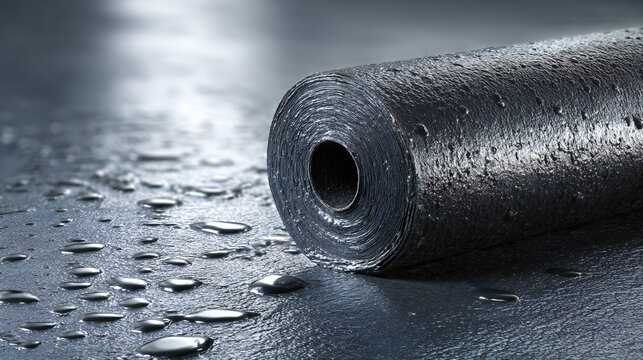 Black plastic roll sheet on wet industrial surface with water drops. Construction waterproof material concept, protective membrane roll, heavy duty packaging and building supply product photography.