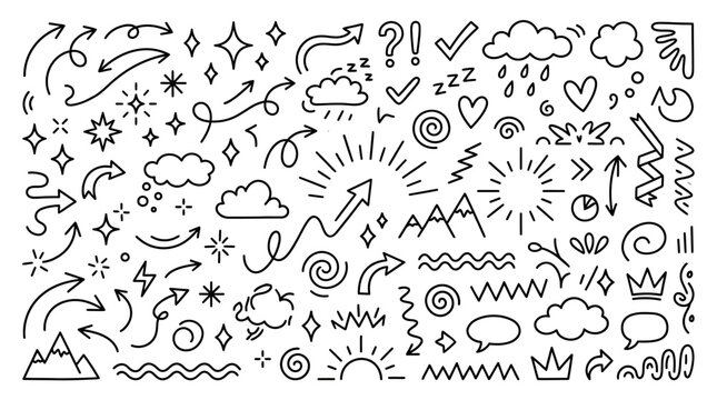 Whimsical black-and-white doodle icon set: playful line art symbols, arrows, shapes, mountains, waves, clouds and more