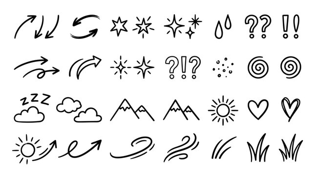 Hand-drawn doodle icon set with stars, hearts, sun, moon, clouds, mountains, arrows and swirls for creative design and branding