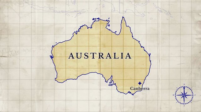 Vintage Style Animated Australia Map with Country Borders and Capital Canberra on Old Paper Background

