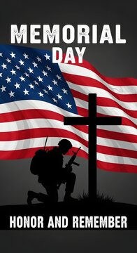 Memorial day remembrance honoring fallen heroes with american flag and cross.