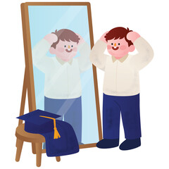Fototapeta premium Graduation Prep Illustration. Vector illustration of Young man looking at mirror reflecting preparation before graduation ceremony. Isolated on background