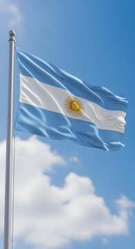 Argentine flag waving in the breeze against a bright blue sky.